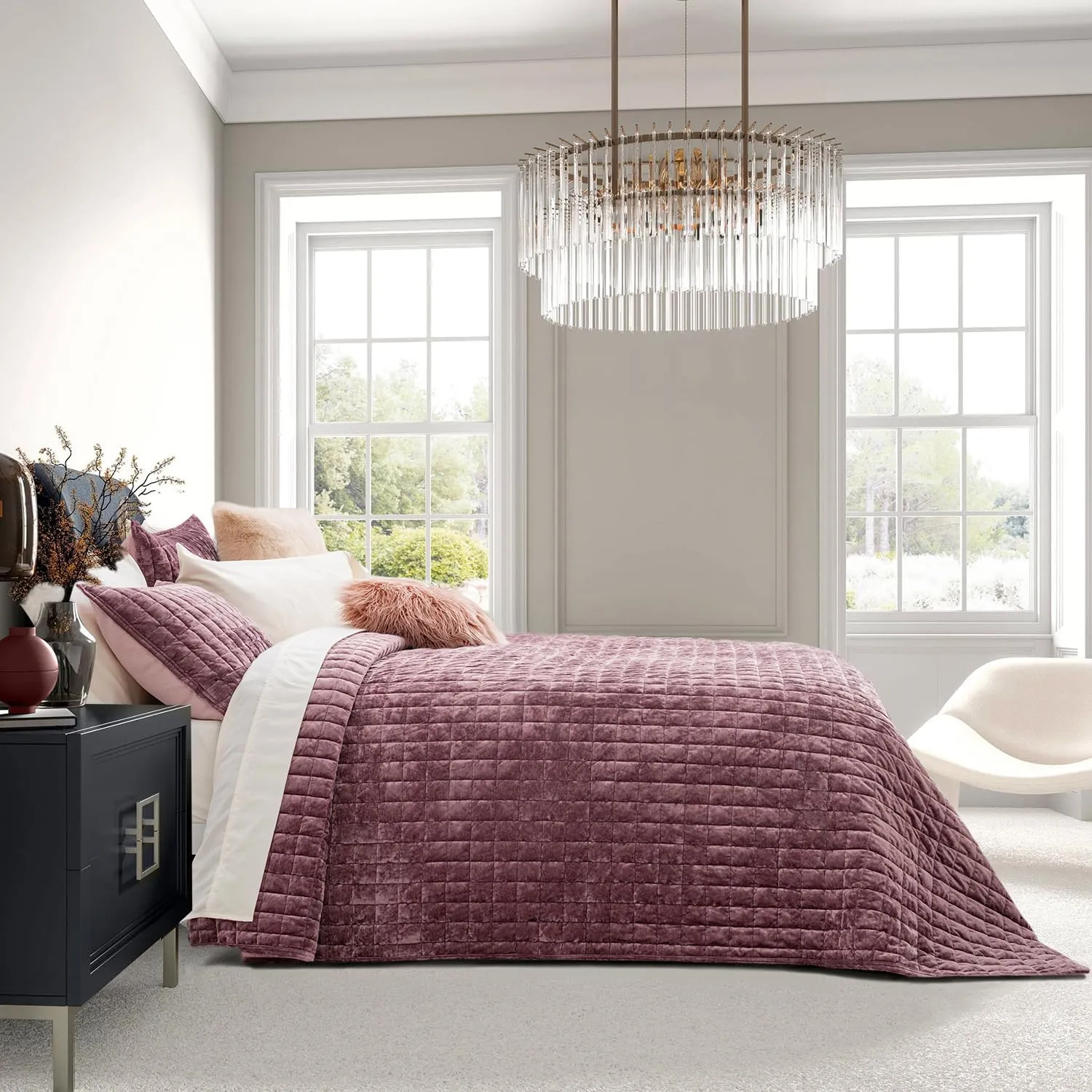 RECYCO Luxury Velvet Quilt Set Full Queen Size, Lightweight Velvet Comforter Set, Oversized Bedspread Coverlet Quilted Bedding Set, with 2 Matching Pillow Shams, for All Season, Dusty Mauve Pink