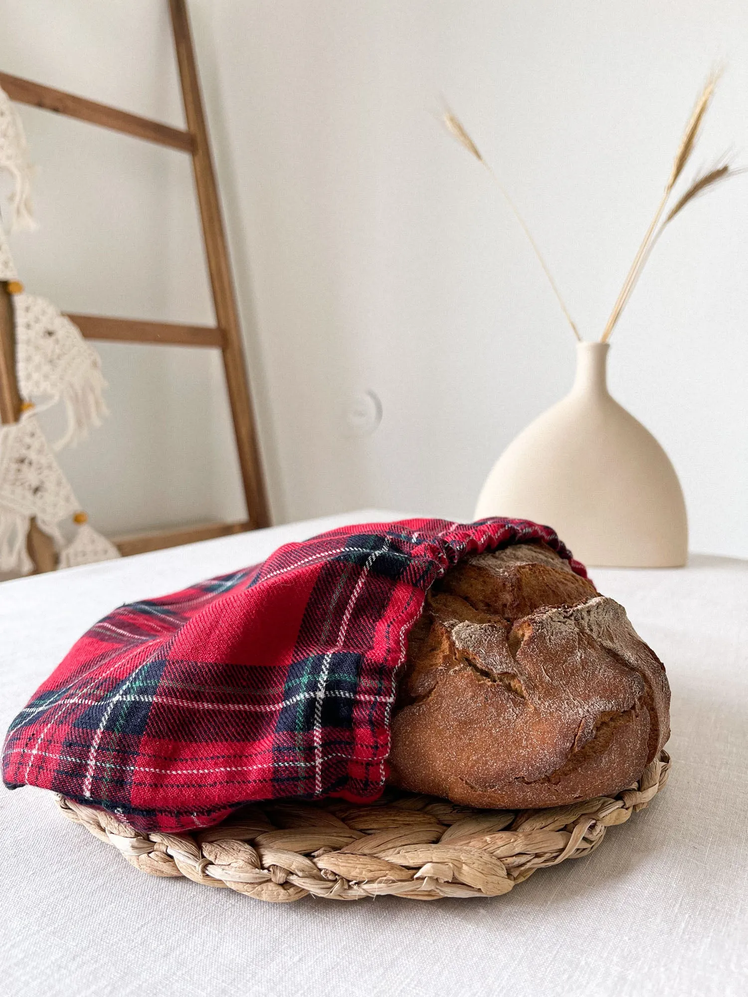 Red Tartan Linen Bread Bag