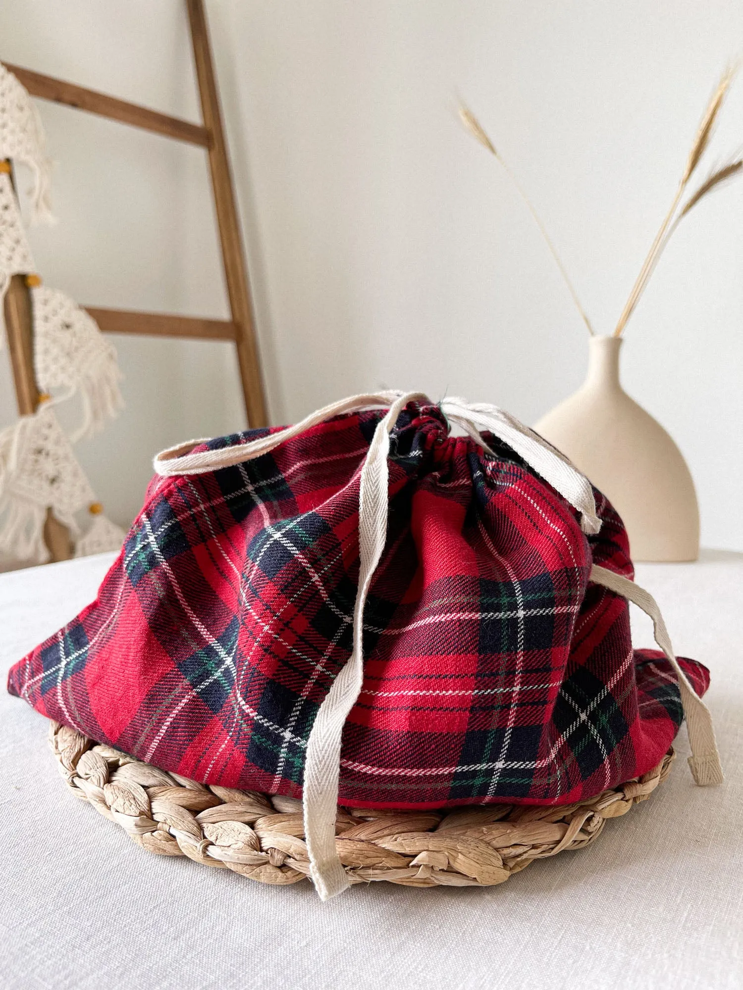 Red Tartan Linen Bread Bag