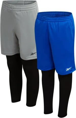 Reebok Boys Basketball Shorts - 2 Pack 2-in-1 Boys Athletic Shorts for Running with Compression Leggings Pockets & Drawstring