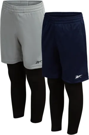 Reebok Boys Basketball Shorts - 2 Pack 2-in-1 Boys Athletic Shorts for Running with Compression Leggings Pockets & Drawstring