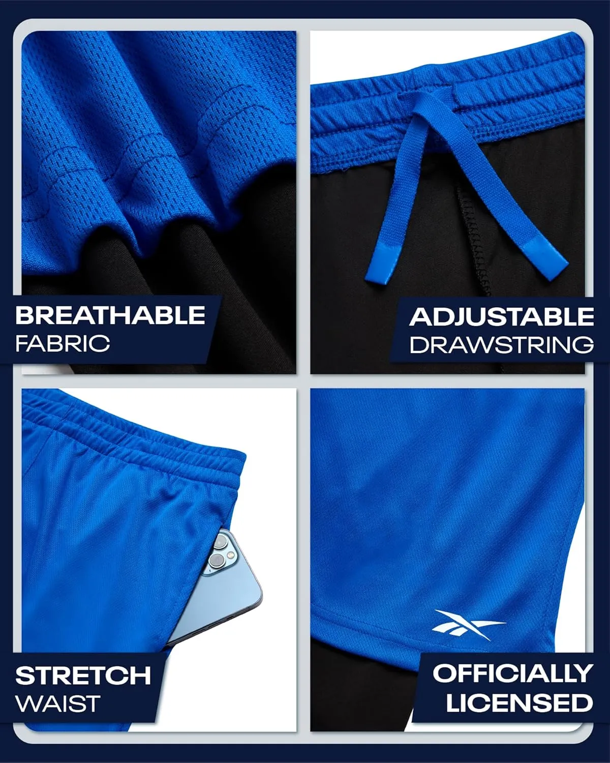 Reebok Boys Basketball Shorts - 2 Pack 2-in-1 Boys Athletic Shorts for Running with Compression Leggings Pockets & Drawstring