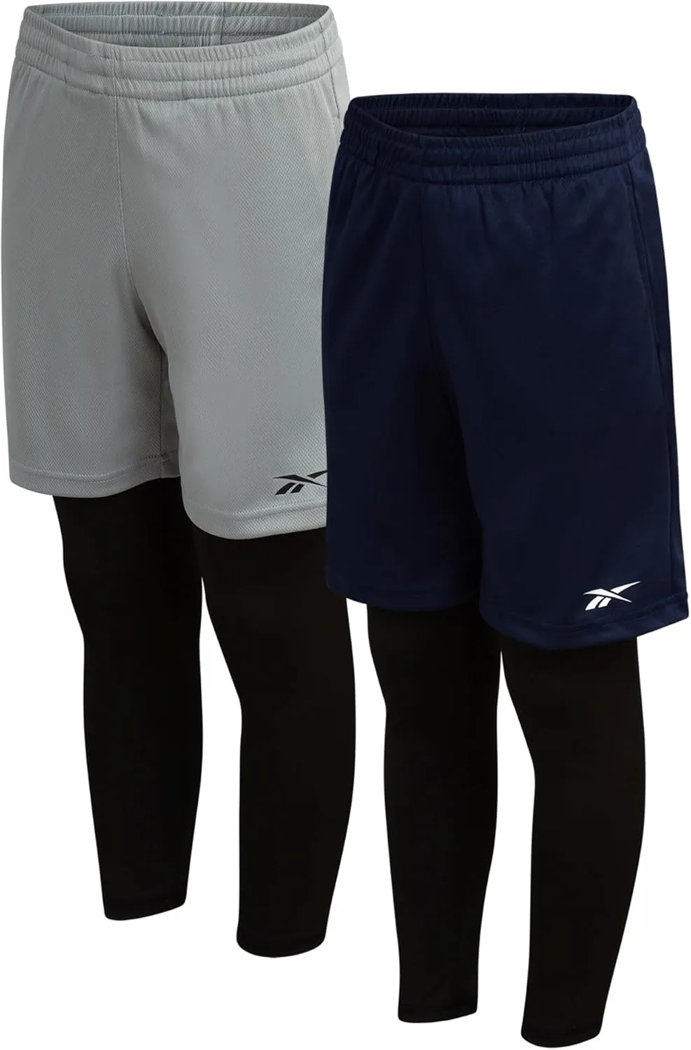 Reebok Boys Basketball Shorts - 2 Pack 2-in-1 Boys Athletic Shorts for Running with Compression Leggings Pockets & Drawstring