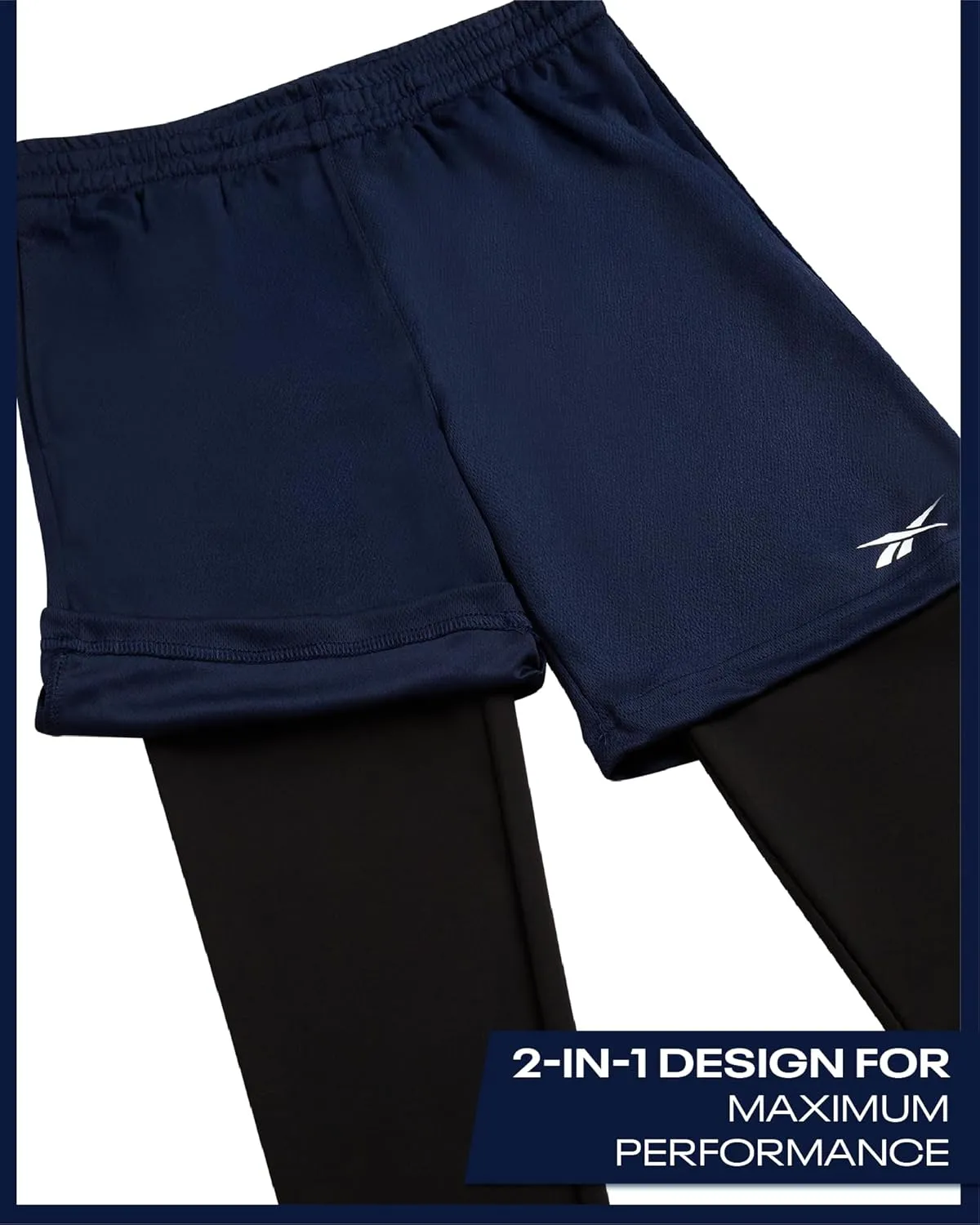 Reebok Boys Basketball Shorts - 2 Pack 2-in-1 Boys Athletic Shorts for Running with Compression Leggings Pockets & Drawstring