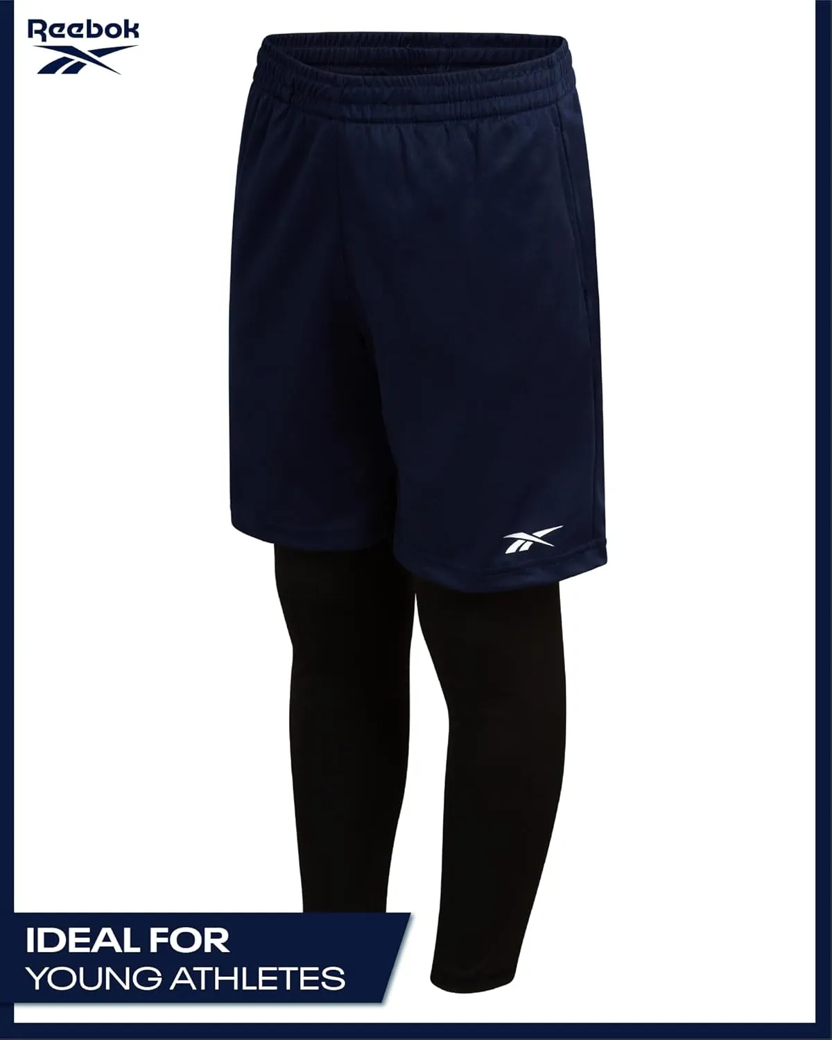 Reebok Boys Basketball Shorts - 2 Pack 2-in-1 Boys Athletic Shorts for Running with Compression Leggings Pockets & Drawstring
