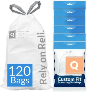 Reli. Custom Fit Q Trash Bags (120 Count) Fits Simplehuman Code Q Bags 50-65 L, 13-17 Gal | Drawstring Trashbag | White 13 Gallon Trashbags Drawstring | 25.25x32.75" (6 Packs) 1.2 Mil