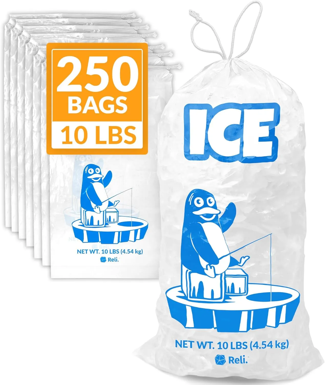 Reli. Plastic Ice Bags 10 lb (250 Pack Bulk) Cotton Drawstring | 12"x21" Ice Bags Reusable, Heavy Duty | Clear, Freezer Safe Storage | 1.5 Mil