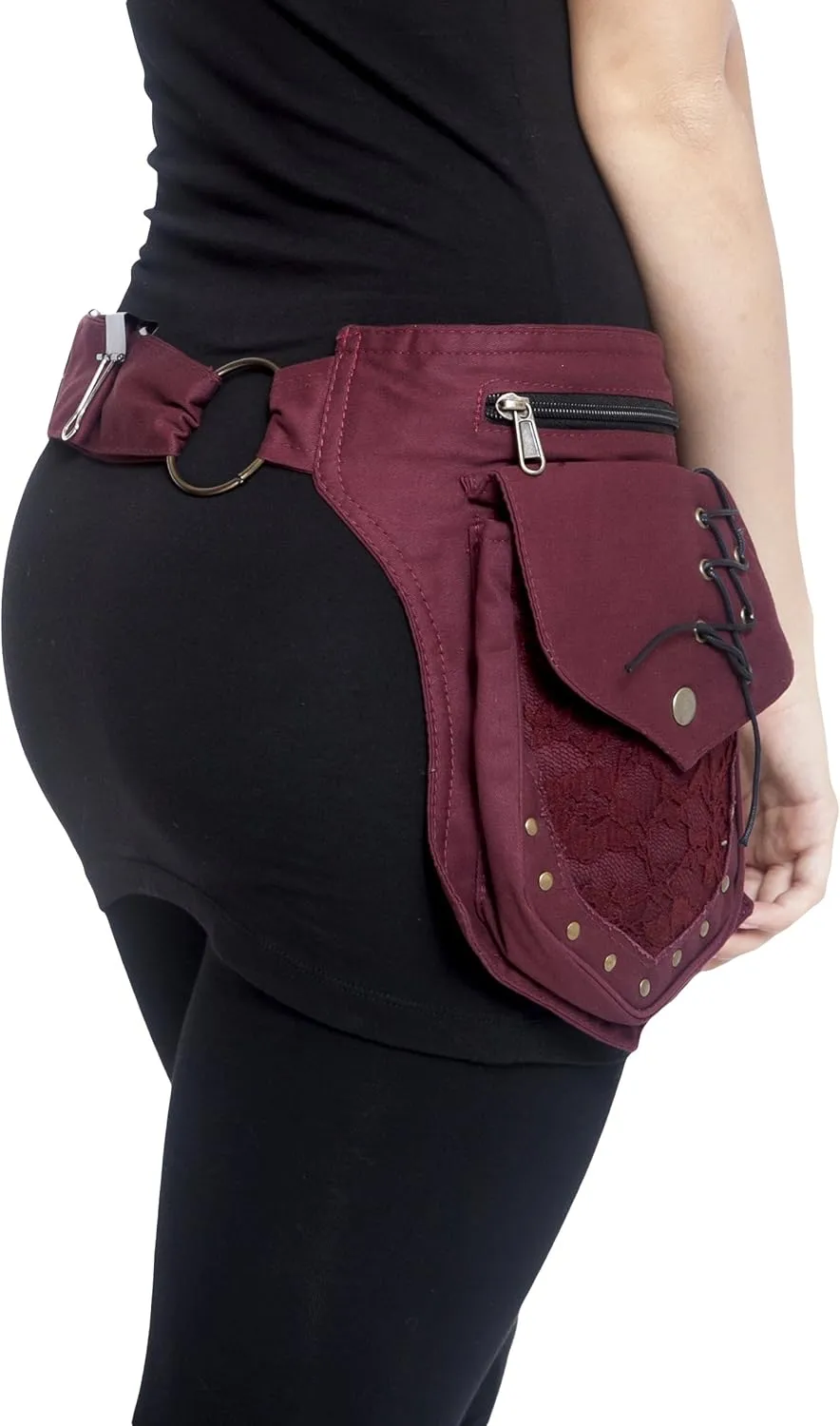 Renaissance Faire Festival Lace Fannypack Waistbag Cotton Utility Hip Belt-Maroon-One Size
