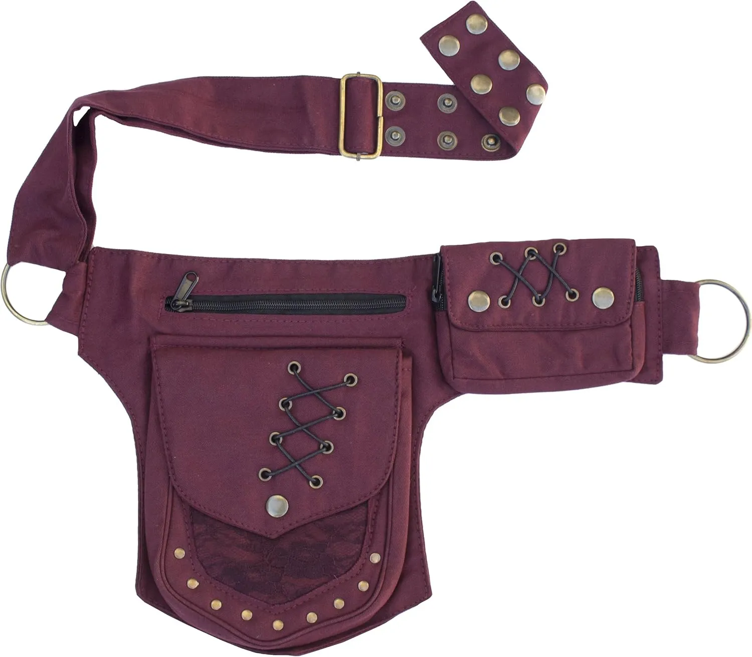 Renaissance Faire Festival Lace Fannypack Waistbag Cotton Utility Hip Belt-Maroon-One Size