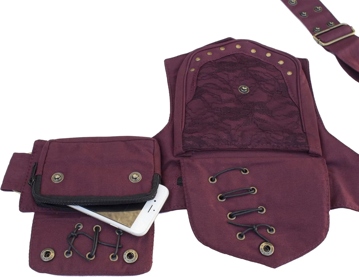 Renaissance Faire Festival Lace Fannypack Waistbag Cotton Utility Hip Belt-Maroon-One Size