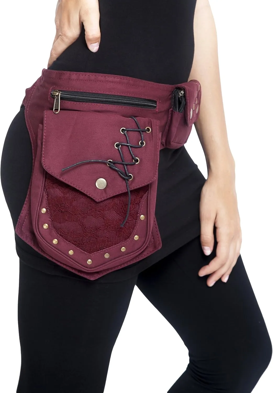 Renaissance Faire Festival Lace Fannypack Waistbag Cotton Utility Hip Belt-Maroon-One Size