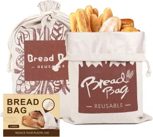 Reusable Linen Bread Bags - 2 Pack Large 17"13" Storage Bags with Plastic Lining for Homemade Artisan Bread, Sourdough