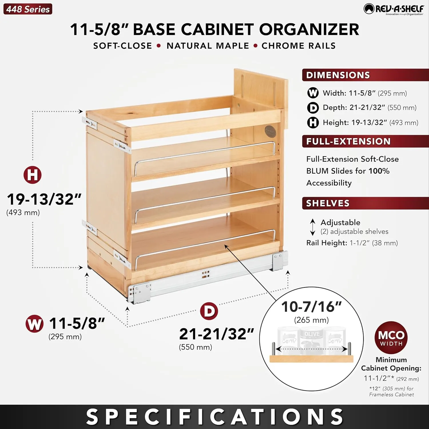 Rev-A-Shelf 11" Pullout Storage Organizer for Base Kitchen/Bathroom Cabinets, Spice Rack/Pantry Shelves with Soft-Close Slides, Wood, 448-BDDSC-11C
