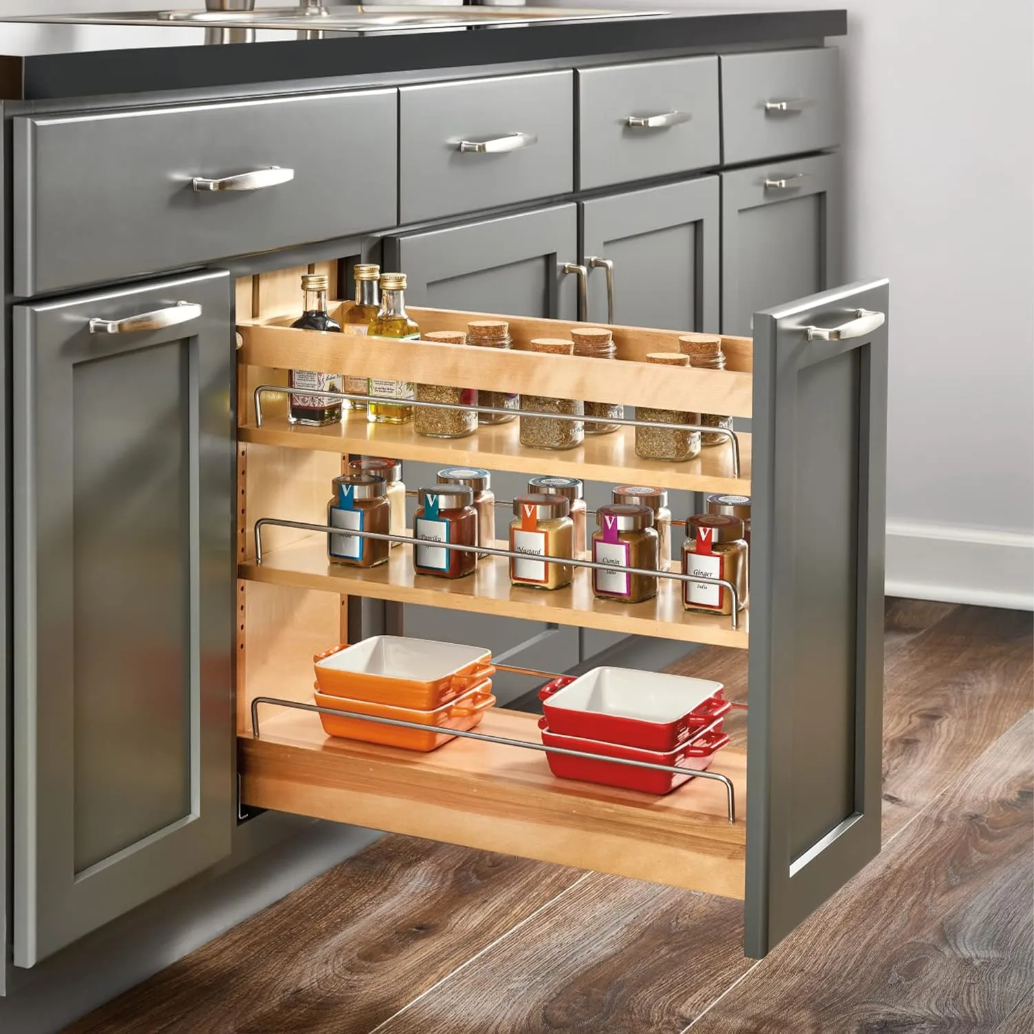 Rev-A-Shelf 11" Pullout Storage Organizer for Base Kitchen/Bathroom Cabinets, Spice Rack/Pantry Shelves with Soft-Close Slides, Wood, 448-BDDSC-11C