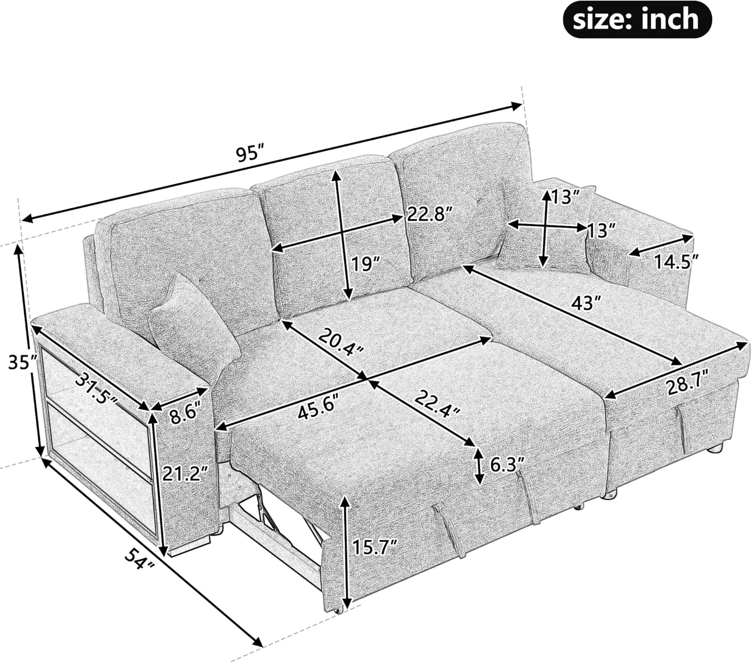 Reversible Sleeper Sectional Sofa Bed with Side Shelf and 2 Stools,Pull-Out L-Shaped Sofa Bed,Corner Sofa-Bed with Storage Chaise Left/Right Hande for Living Room,Blue Black