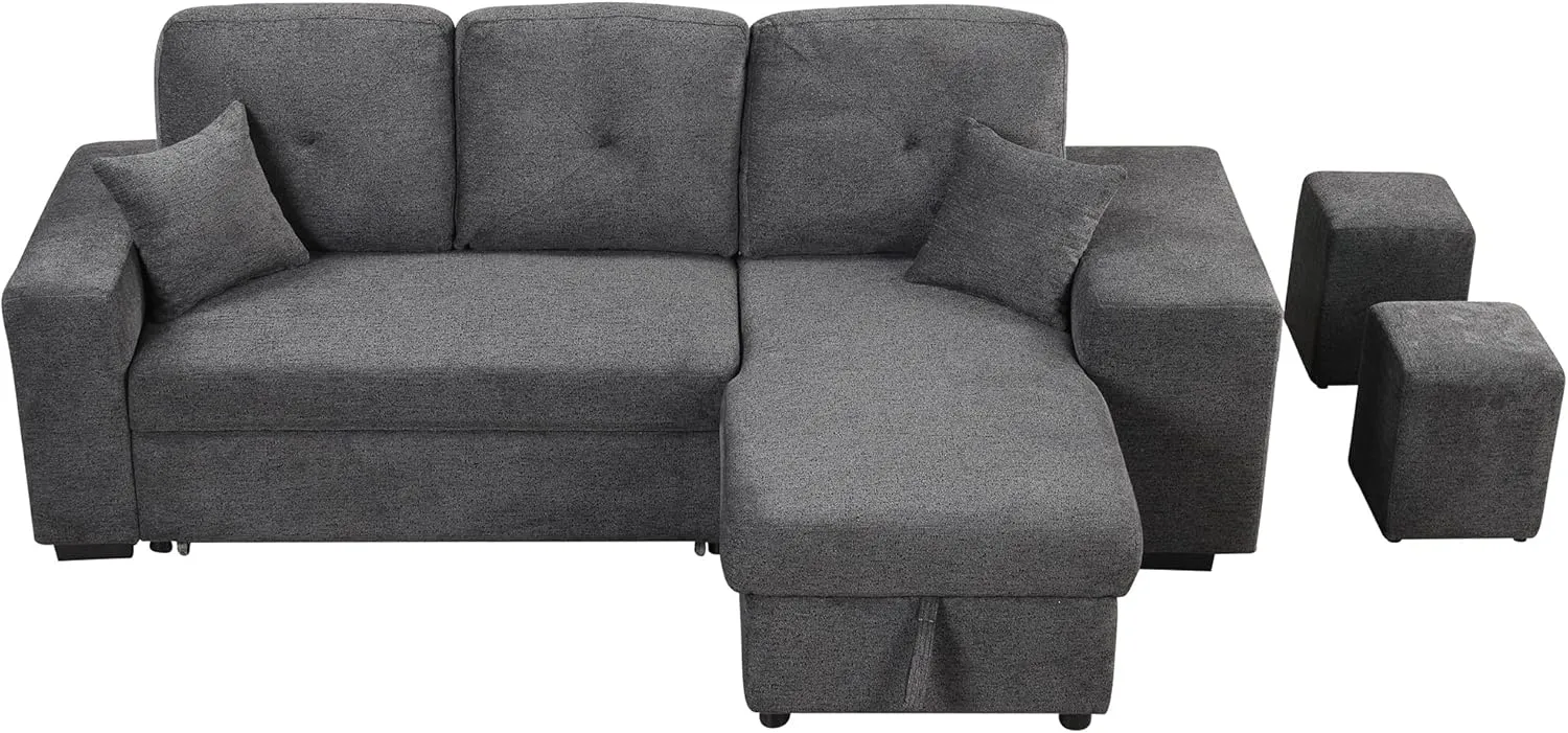 Reversible Sleeper Sectional Sofa Bed with Side Shelf and 2 Stools,Pull-Out L-Shaped Sofa Bed,Corner Sofa-Bed with Storage Chaise Left/Right Hande for Living Room,Blue Black