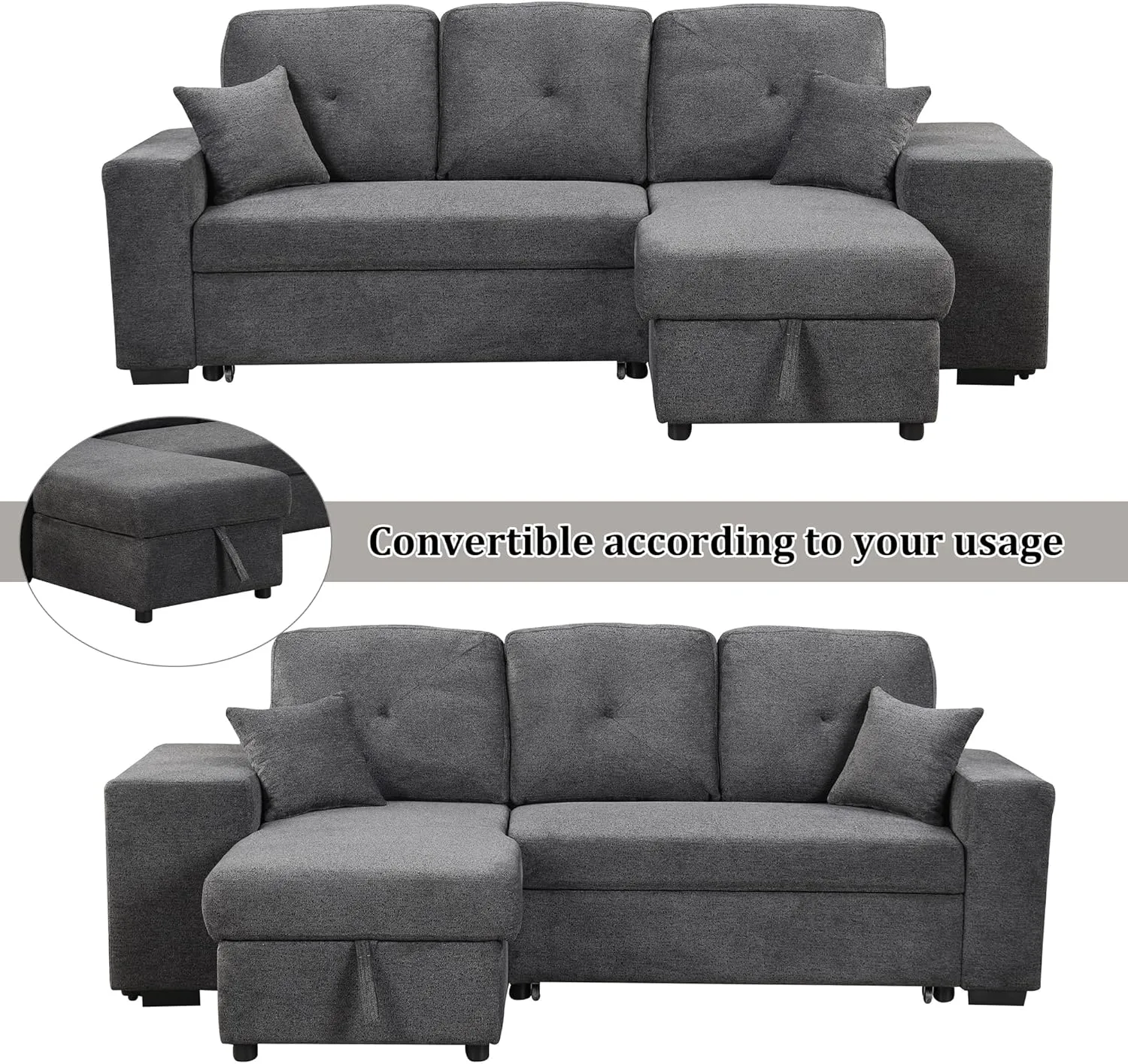 Reversible Sleeper Sectional Sofa Bed with Side Shelf and 2 Stools,Pull-Out L-Shaped Sofa Bed,Corner Sofa-Bed with Storage Chaise Left/Right Hande for Living Room,Blue Black