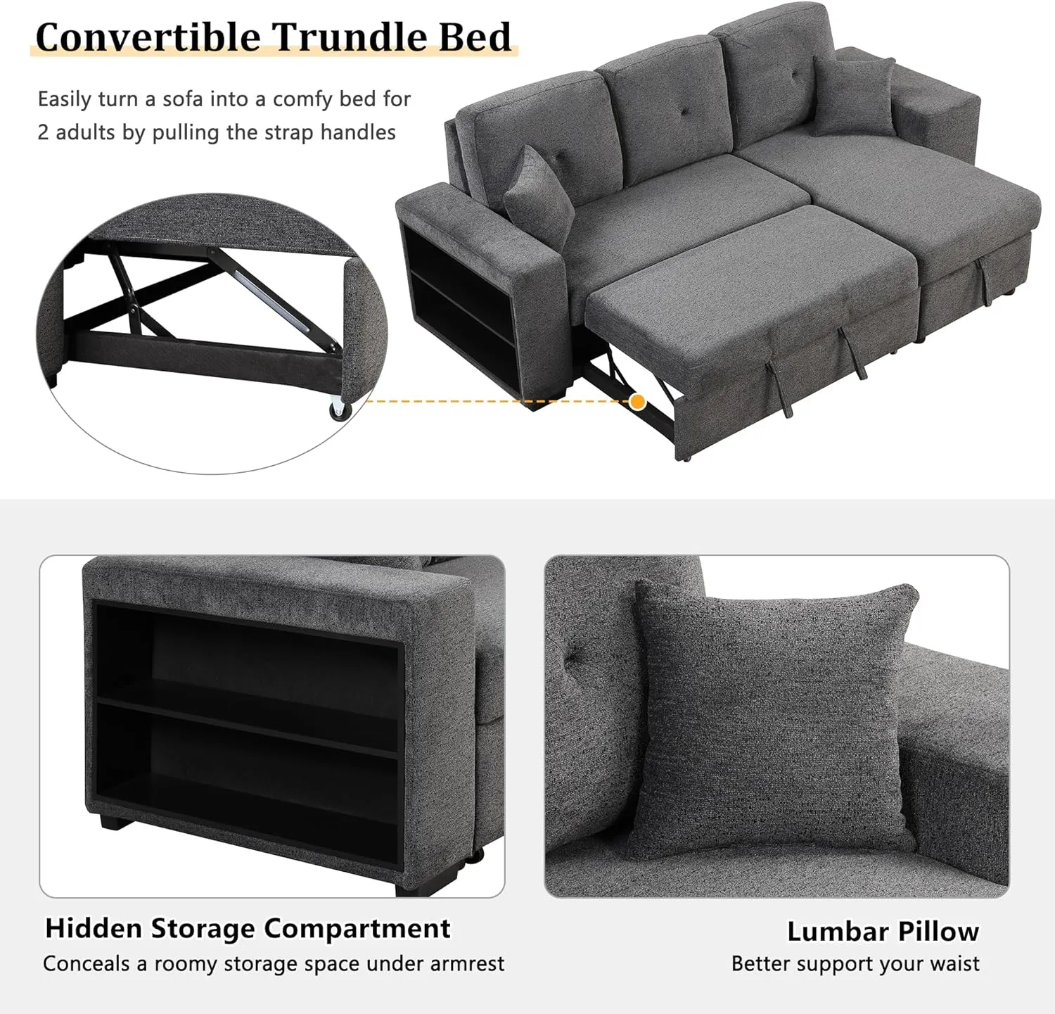 Reversible Sleeper Sectional Sofa Bed with Side Shelf and 2 Stools,Pull-Out L-Shaped Sofa Bed,Corner Sofa-Bed with Storage Chaise Left/Right Hande for Living Room,Blue Black