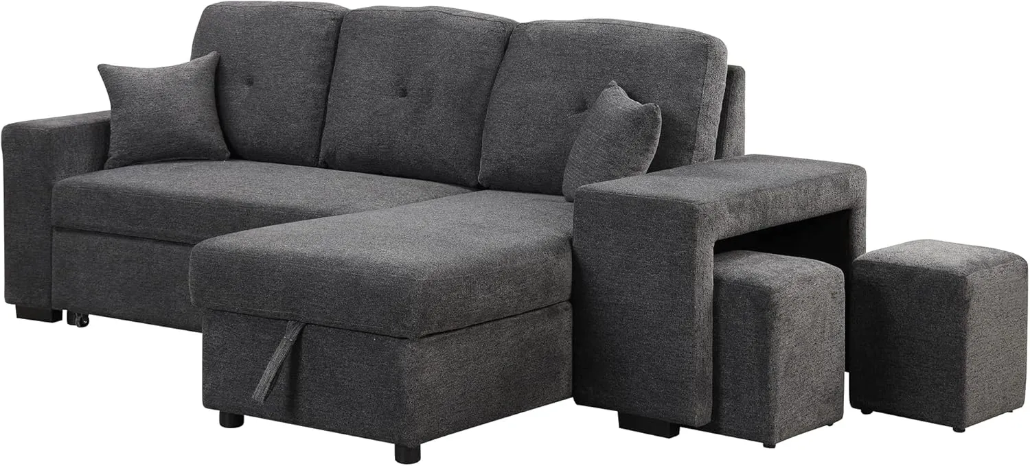 Reversible Sleeper Sectional Sofa Bed with Side Shelf and 2 Stools,Pull-Out L-Shaped Sofa Bed,Corner Sofa-Bed with Storage Chaise Left/Right Hande for Living Room,Blue Black