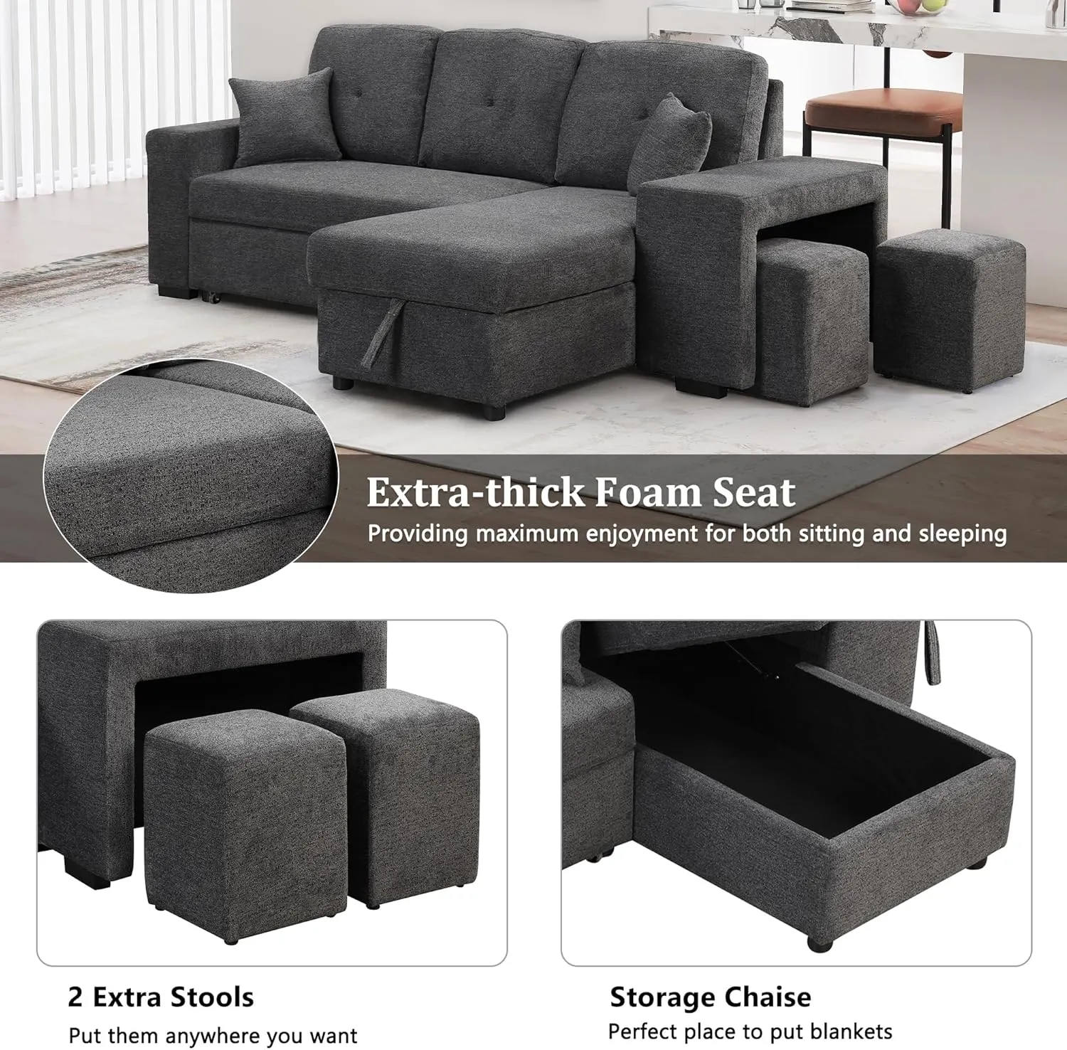 Reversible Sleeper Sectional Sofa Bed with Side Shelf and 2 Stools,Pull-Out L-Shaped Sofa Bed,Corner Sofa-Bed with Storage Chaise Left/Right Hande for Living Room,Blue Black