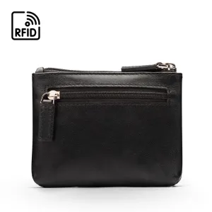 RFID Small Leather Zip Coin Pouch - Black