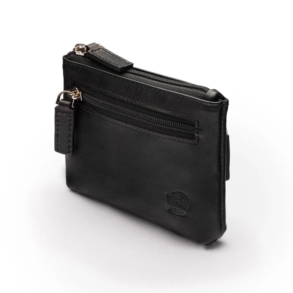 RFID Small Leather Zip Coin Pouch - Black