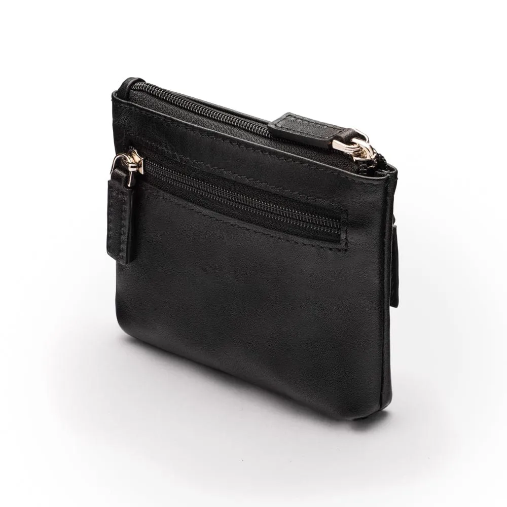 RFID Small Leather Zip Coin Pouch - Black