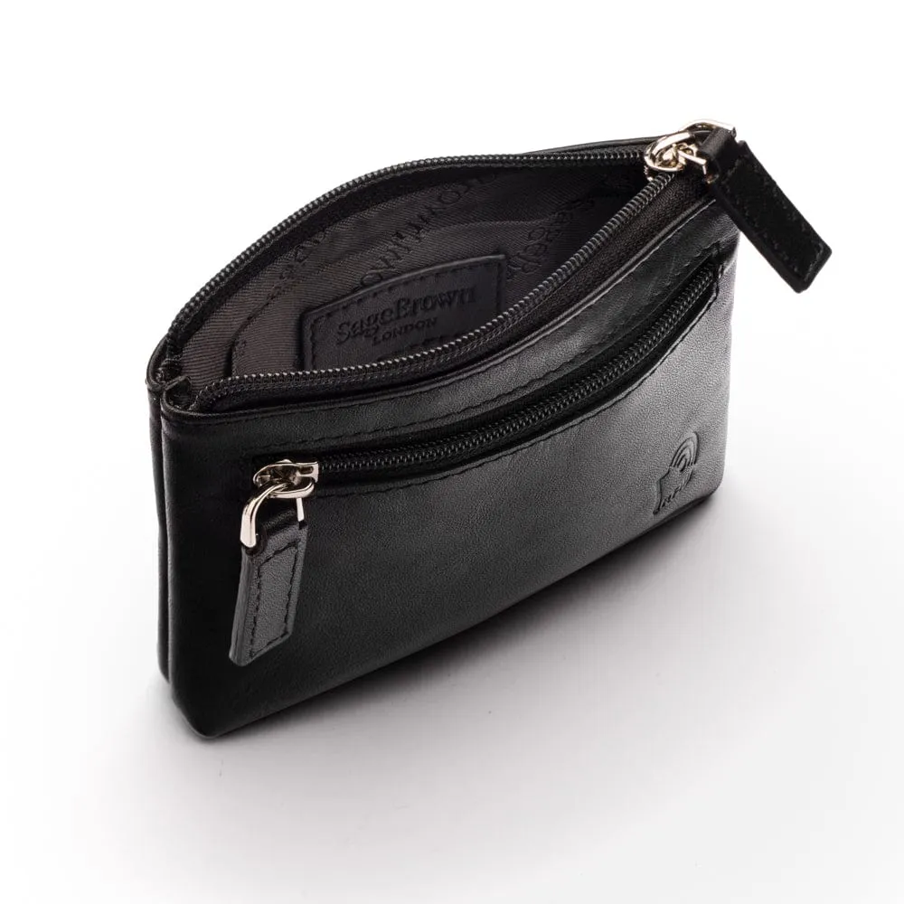 RFID Small Leather Zip Coin Pouch - Black