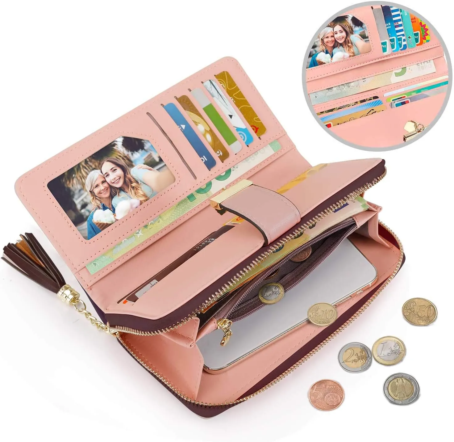 RFID Wallets for Women with Multiple Card Slots and Cellphone Compartment, womens wallet (Apricot/White/Wine Red)