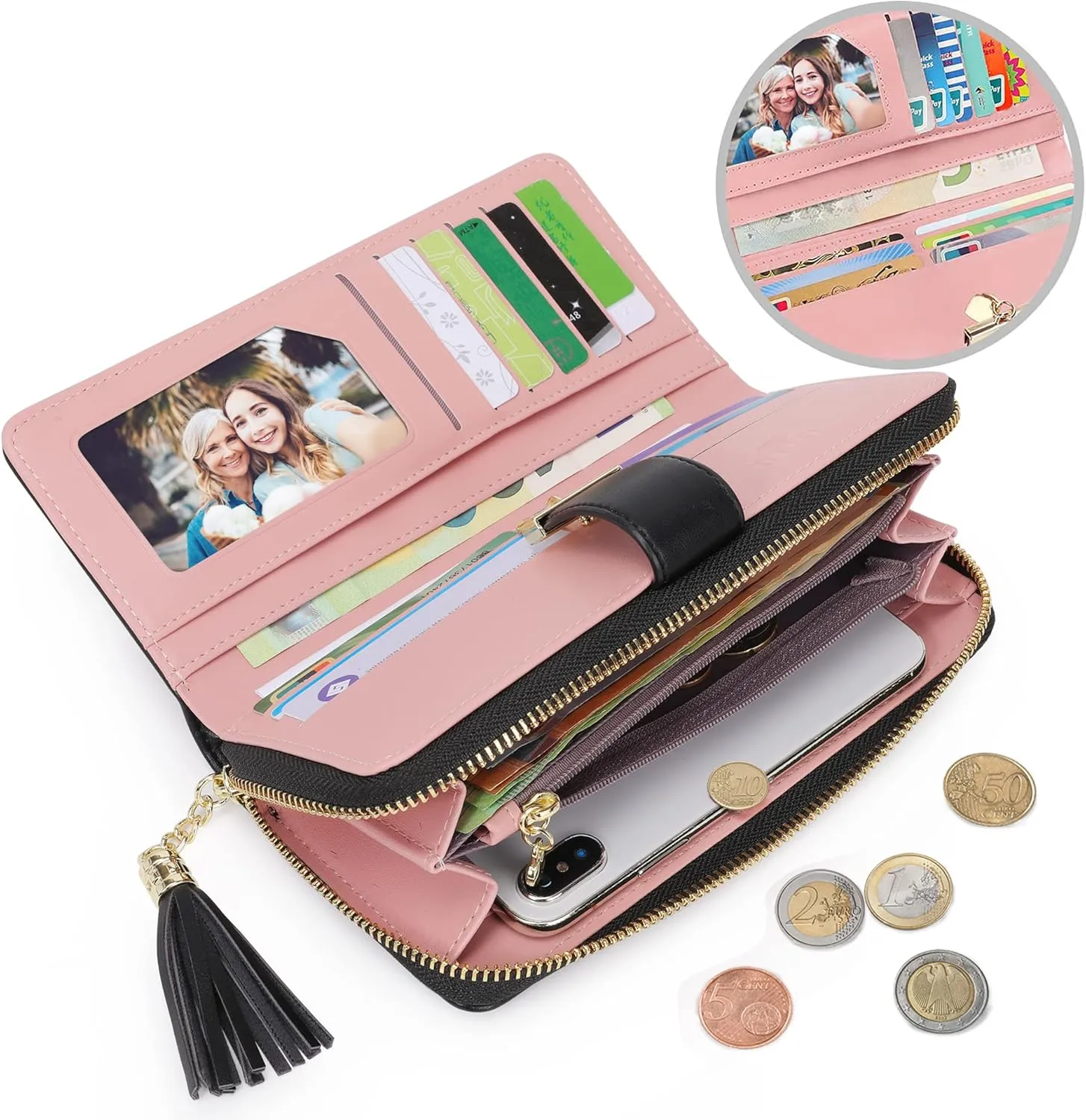 RFID Wallets for Women with Multiple Card Slots and Cellphone Compartment, womens wallet (black)