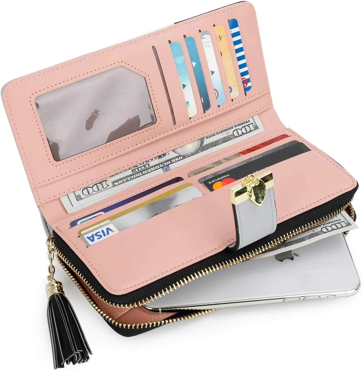 RFID Wallets for Women with Multiple Card Slots and Cellphone Compartment, womens wallet (black/white/grey))
