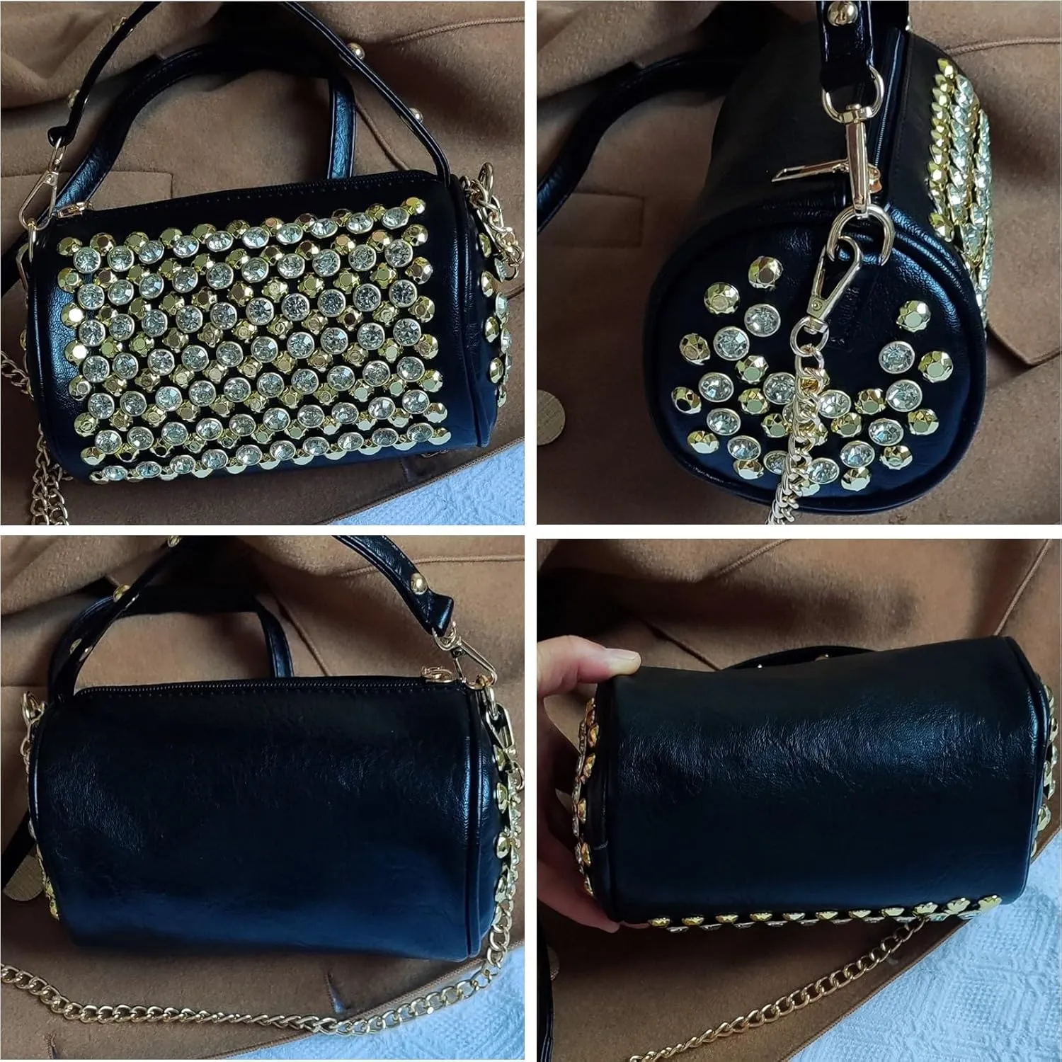 Rhinestone Cylinder Crossbody Bag Sparkling Barrel Purse Mini Tote for Women