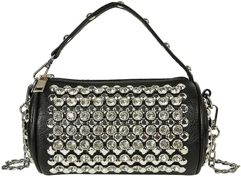 Rhinestone Cylinder Crossbody Bag Sparkling Barrel Purse Mini Tote for Women