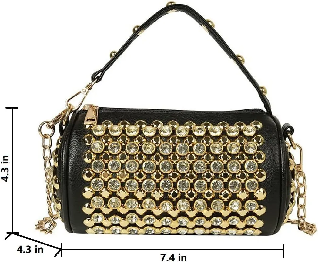 Rhinestone Cylinder Crossbody Bag Sparkling Barrel Purse Mini Tote for Women