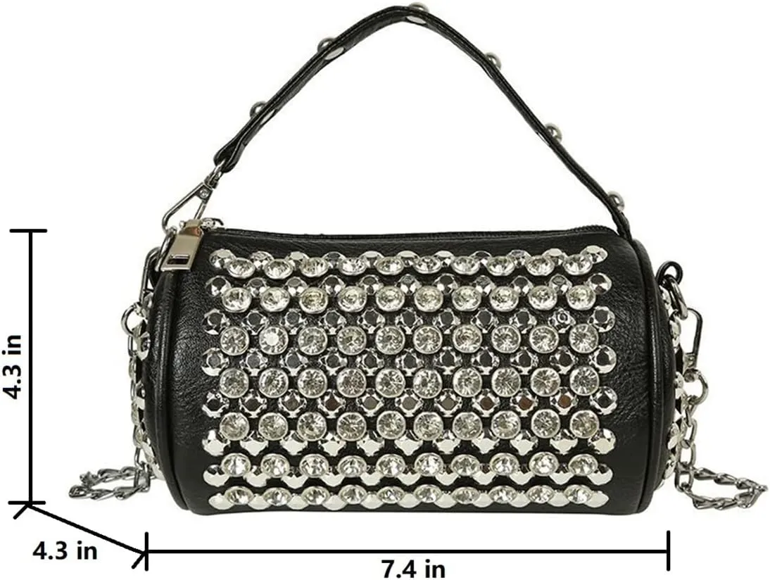 Rhinestone Cylinder Crossbody Bag Sparkling Barrel Purse Mini Tote for Women