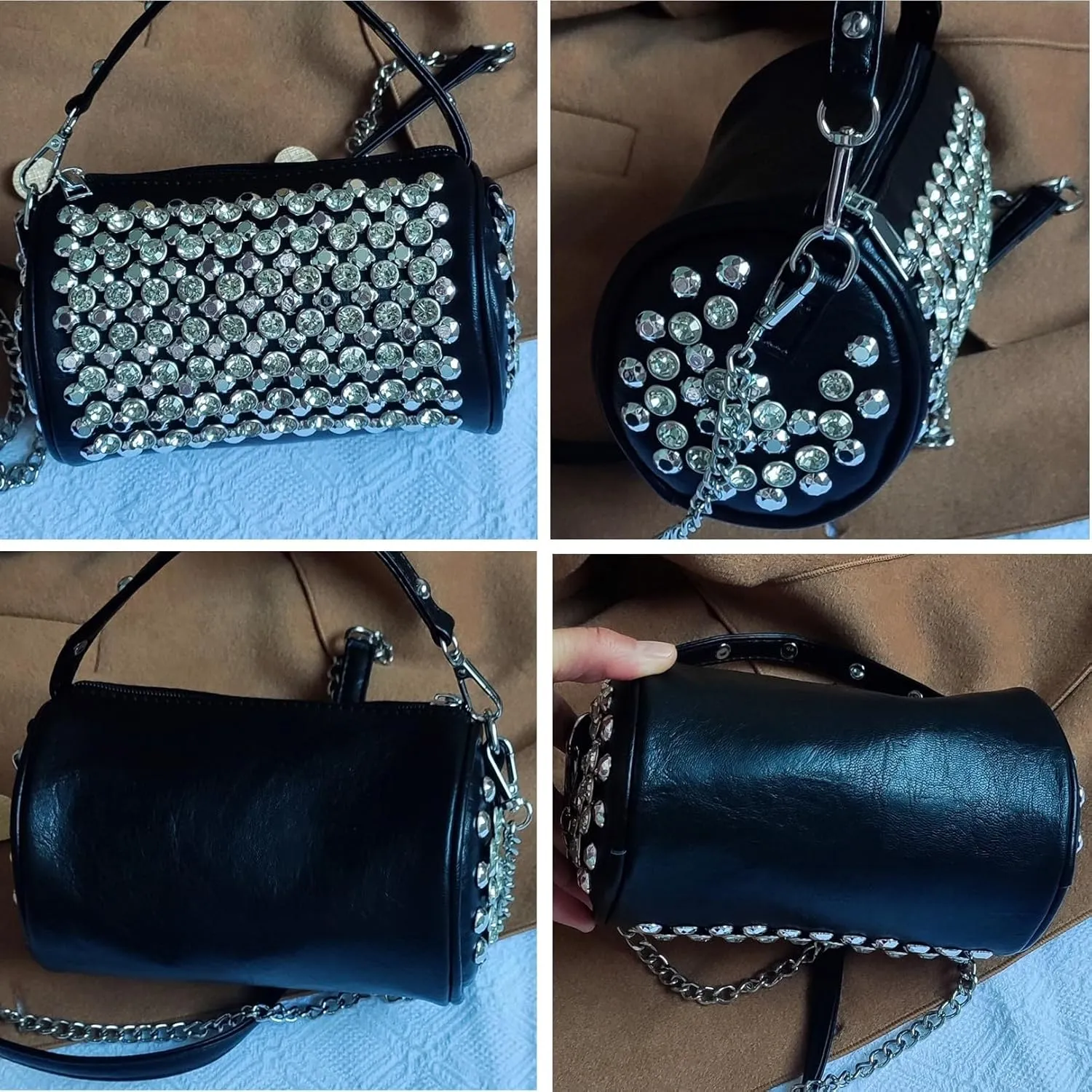 Rhinestone Cylinder Crossbody Bag Sparkling Barrel Purse Mini Tote for Women