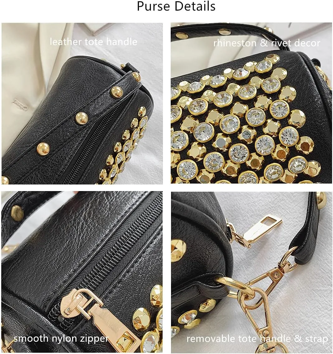 Rhinestone Cylinder Crossbody Bag Sparkling Barrel Purse Mini Tote for Women