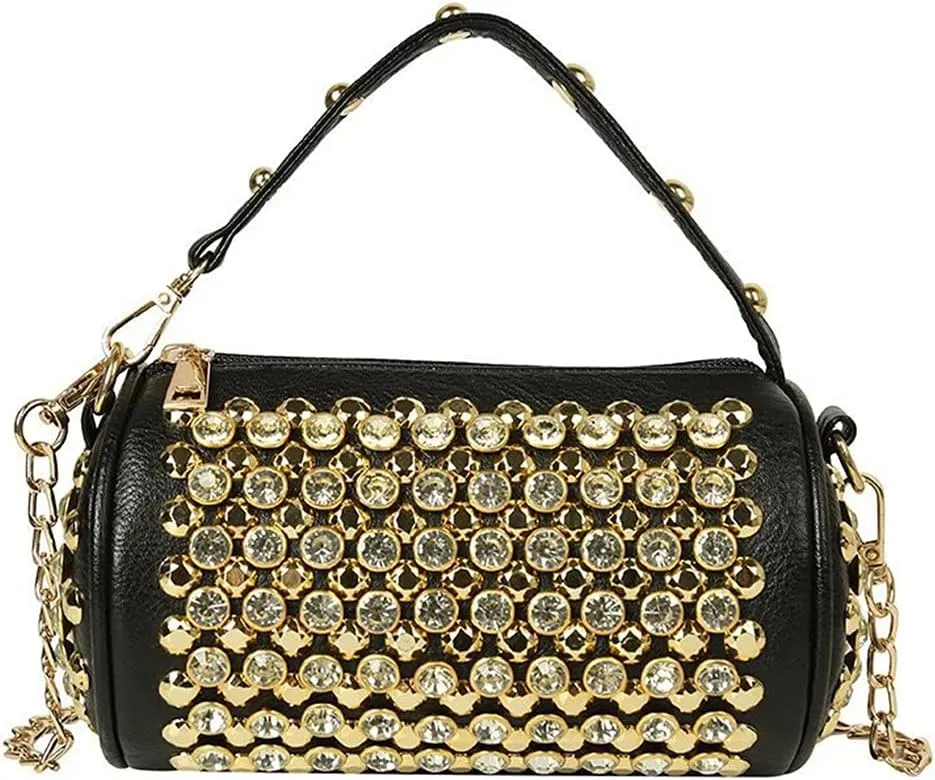 Rhinestone Cylinder Crossbody Bag Sparkling Barrel Purse Mini Tote for Women
