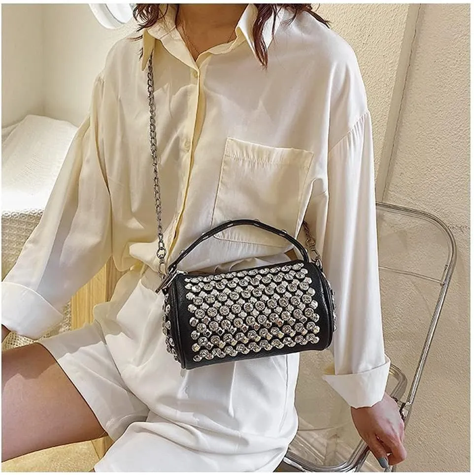 Rhinestone Cylinder Crossbody Bag Sparkling Barrel Purse Mini Tote for Women