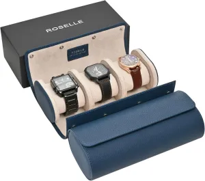 ROSELLE Genuine Leather Watch Roll Travel Case - Watch Roll Case For 3 Watches With Luxury Lining - Protect, Travel,Store, & Display Fine Watches (3 slot Blue-Genuine Leather)