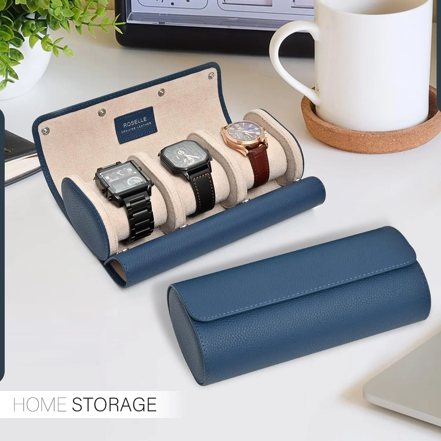 ROSELLE Genuine Leather Watch Roll Travel Case - Watch Roll Case For 3 Watches With Luxury Lining - Protect, Travel,Store, & Display Fine Watches (3 slot Blue-Genuine Leather)