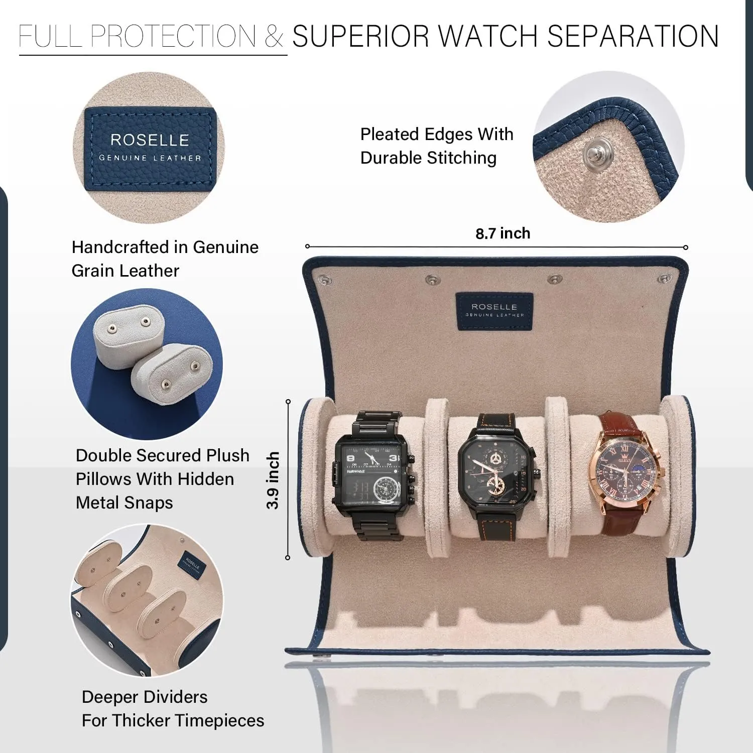 ROSELLE Genuine Leather Watch Roll Travel Case - Watch Roll Case For 3 Watches With Luxury Lining - Protect, Travel,Store, & Display Fine Watches (3 slot Blue-Genuine Leather)