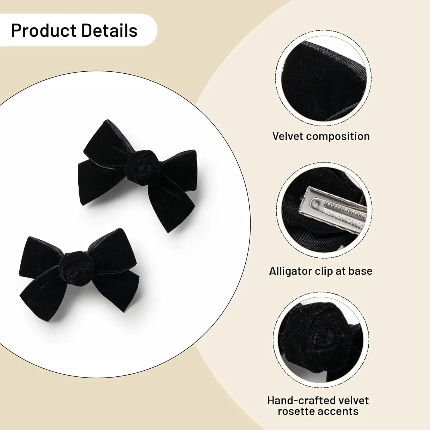 Rosette Velvet Double Clip Set - Black | Elegant Velvet Hair Clips with Hand-Crafted Rosette Accents | Secure Alligator Clips for Timeless Style | Perfect for Special Occasions & Everyday Wear