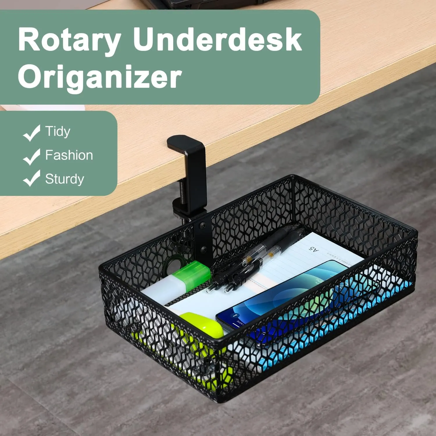 ROSYLINE Drawer Under Desk Storage Organizer, Clamp on Desk Drawer, Under Desk Storage, Clamp Drawer Basket, Hanging Desk Storage, Under Desk Mount Tray, Suitable for Multiple Scenes (Black)