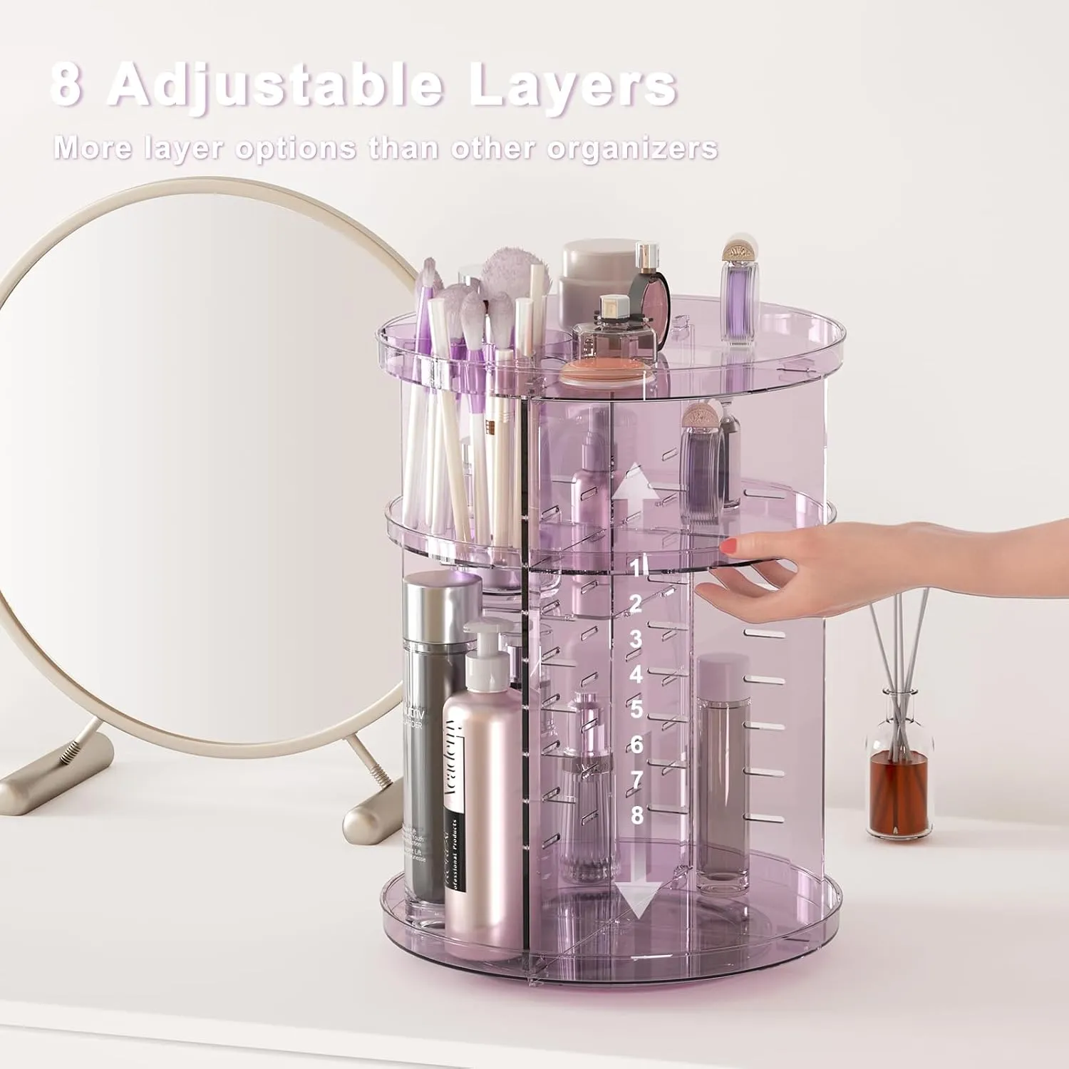 Rotating Makeup Organizer for Vanity, DIY Adjustable Tray Spinning Skincare Organizers Countertop, Cosmetic Display Case with Perfume Tray Brush Holder, Bathroom Desk Corner Storage Carousel Rack