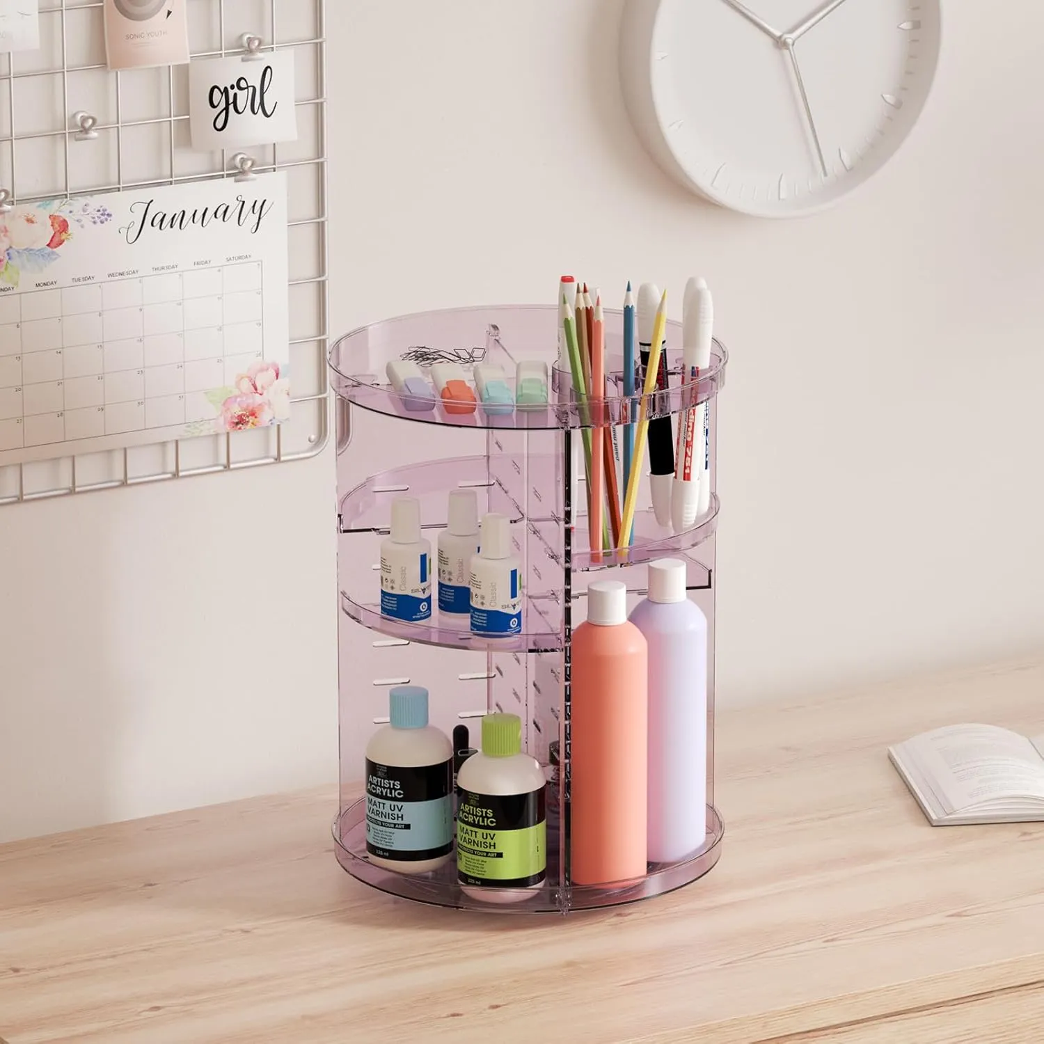 Rotating Makeup Organizer for Vanity, DIY Adjustable Tray Spinning Skincare Organizers Countertop, Cosmetic Display Case with Perfume Tray Brush Holder, Bathroom Desk Corner Storage Carousel Rack