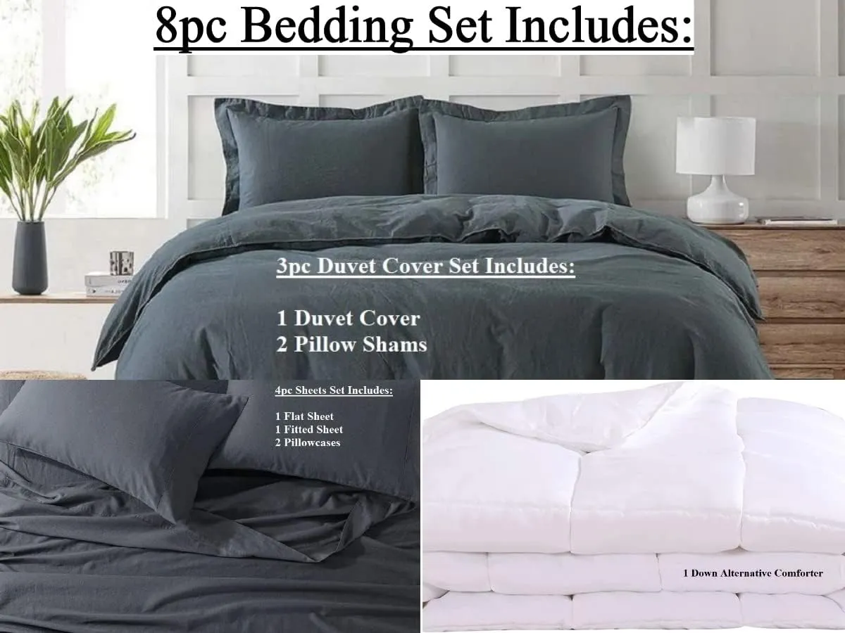 Royal Tradition Belgian Flax Linen-Cotton Blend Medium Warmth 8PC Bedding Set Includes: Sheets and Duvet Cover Sets with Down Alternative Comforter, (Queen Size, Charcoal)