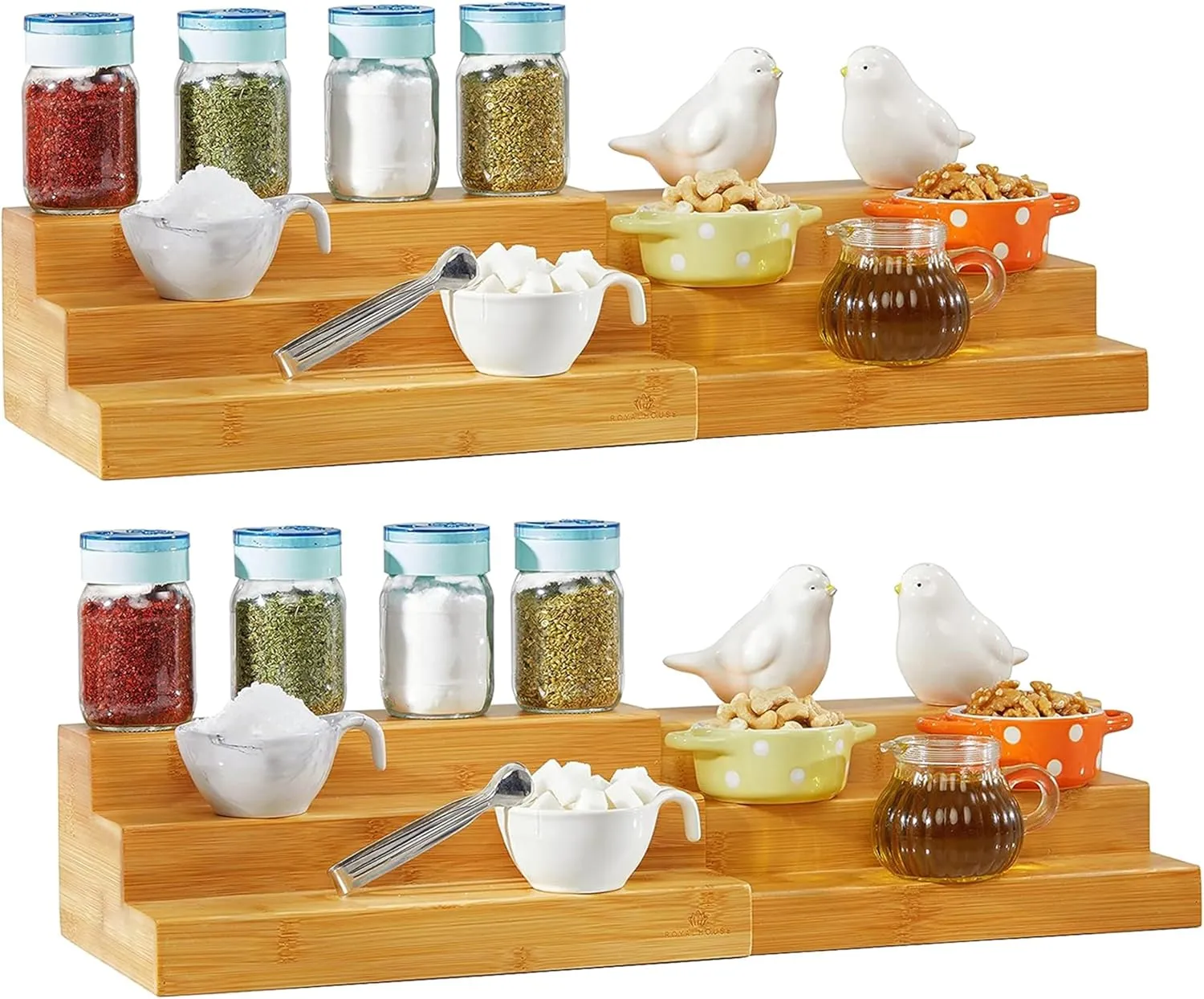 RoyalHouse Bamboo Expandable Spice Rack Organizer, 3-Tier Adjustable Kitchen Cabinet, Countertop Display Shelf, Space Organizer for Kitchen and Bathroom (Pack of 2)
