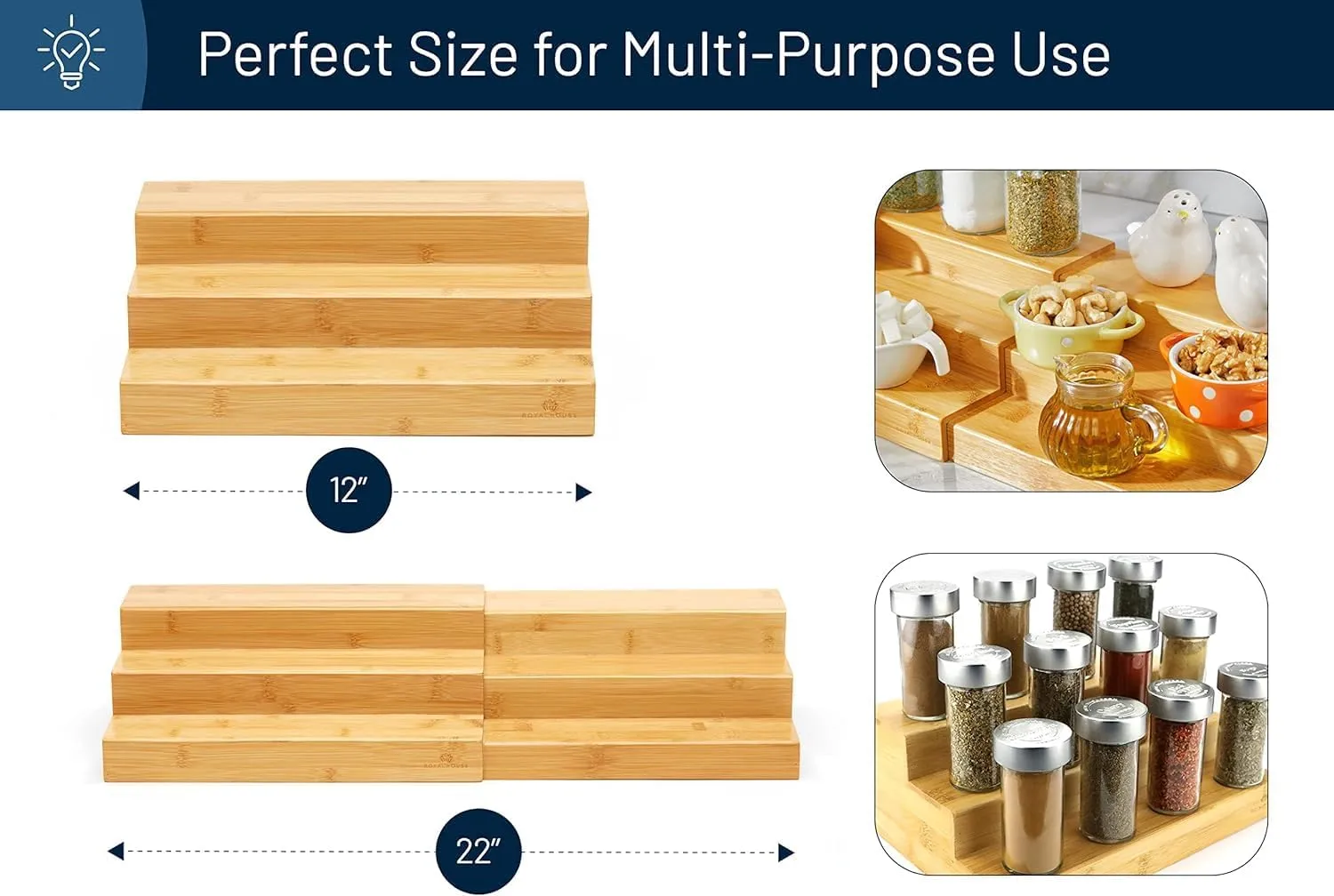 RoyalHouse Bamboo Expandable Spice Rack Organizer, 3-Tier Adjustable Kitchen Cabinet, Countertop Display Shelf, Space Organizer for Kitchen and Bathroom (Pack of 2)