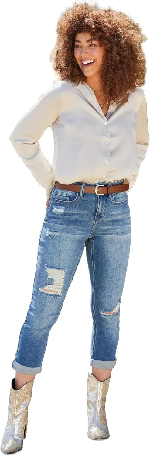 Royalty For Me Womens Women's Petite High Rise Vintage Slim Straight Cuff Jean
